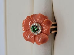 Gemlok 18 Karat Rose Gold Carved Coral, Green Tourmaline and Diamond Ring