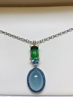 18 Karat White Gold Aquamarine, Sapphire and Green Tourmaline Pendant