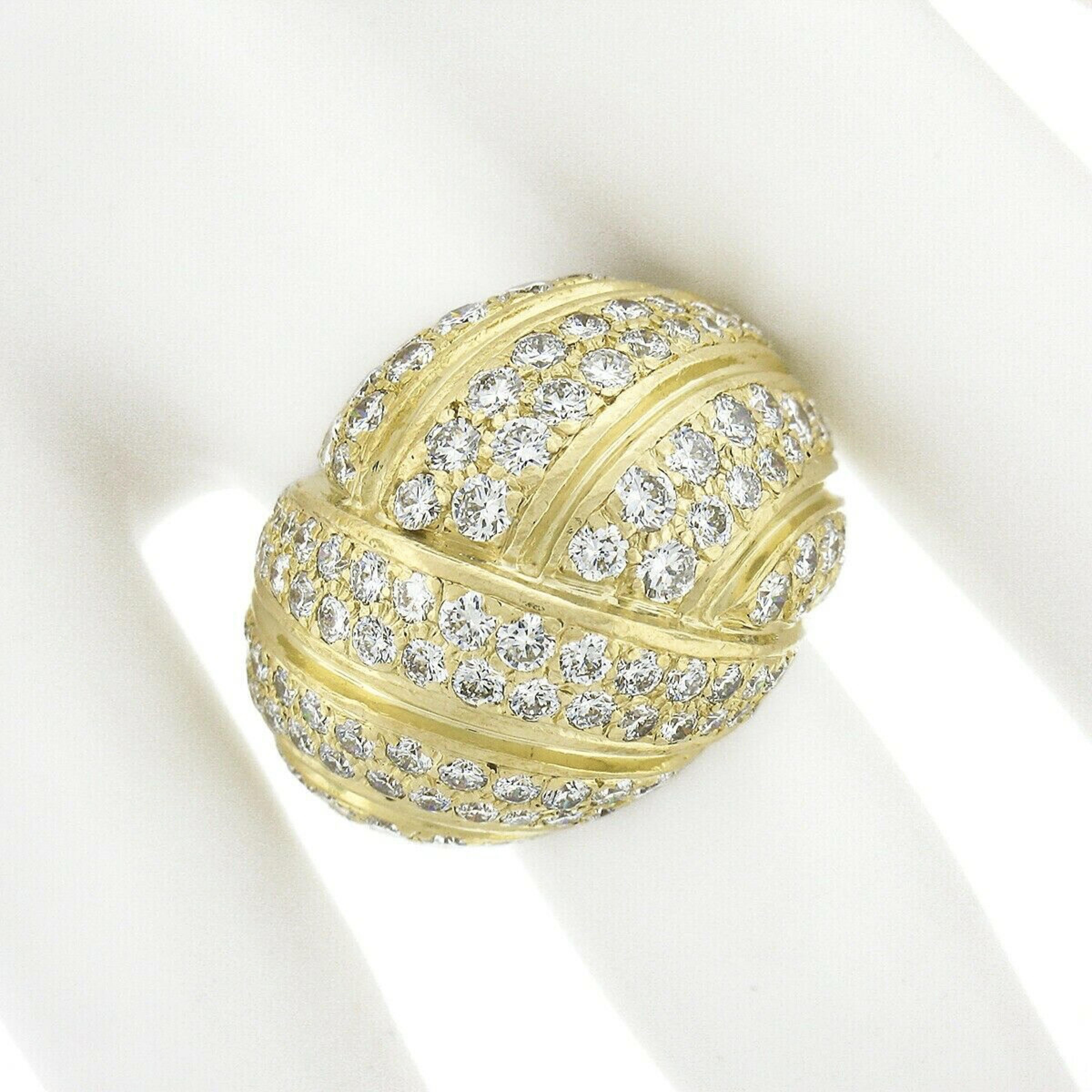 Round Cut Gemlok 18k Yellow Gold 3.0ct E VVS Pave Diamond Grooved Overlap Domed Bombe Ring