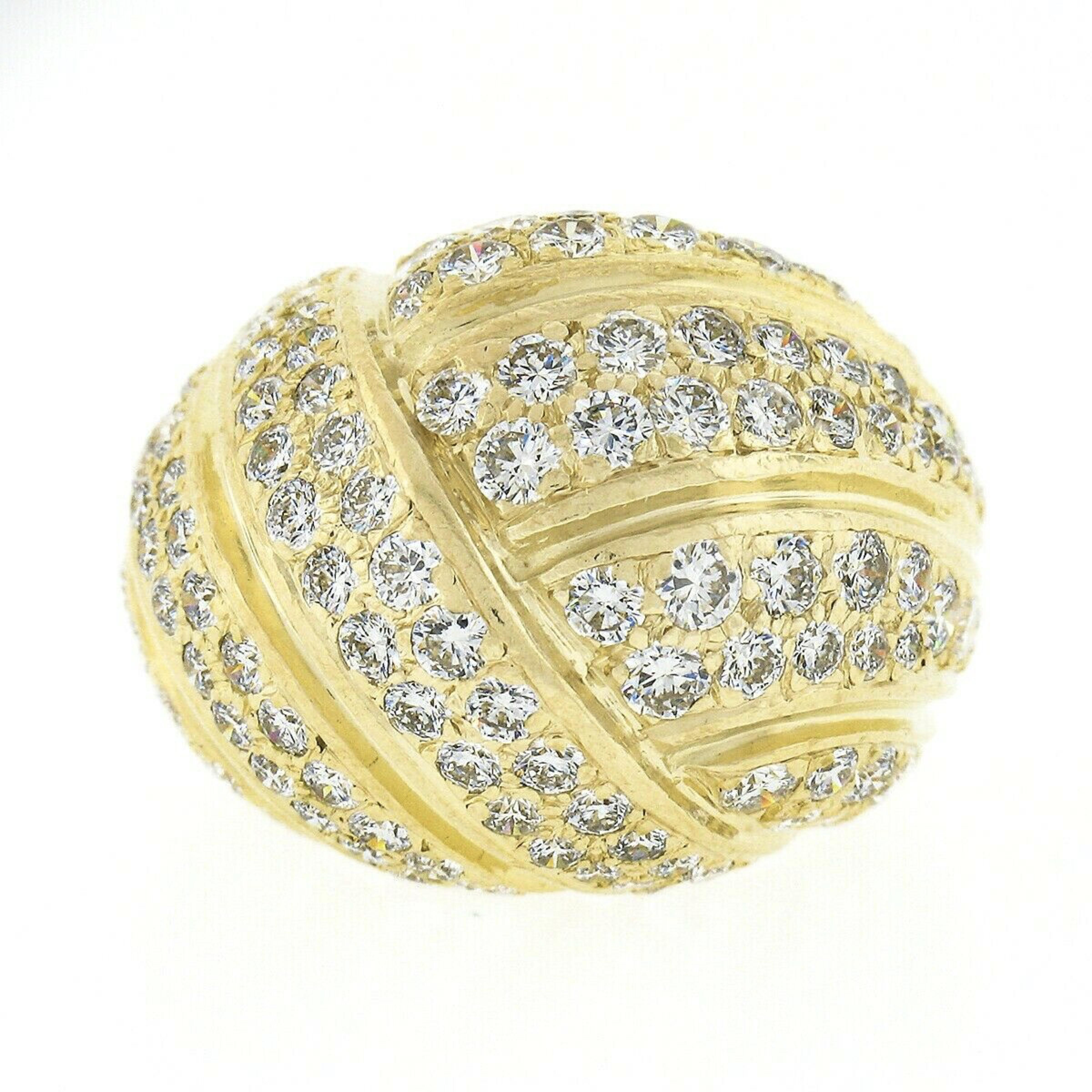 Gemlok 18k Yellow Gold 3.0ct E VVS Pave Diamond Grooved Overlap Domed Bombe Ring In Good Condition In Montclair, NJ