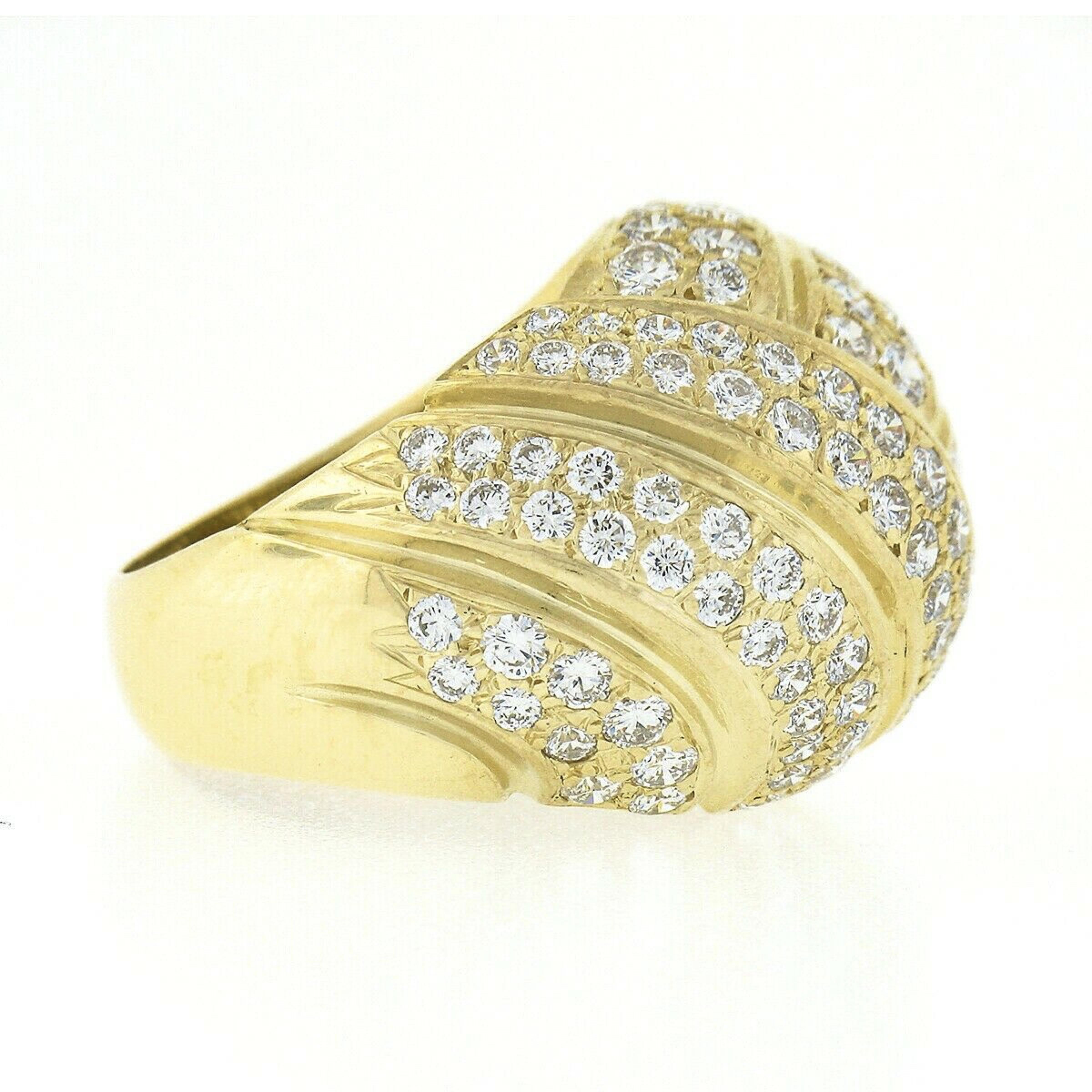 Women's Gemlok 18k Yellow Gold 3.0ct E VVS Pave Diamond Grooved Overlap Domed Bombe Ring