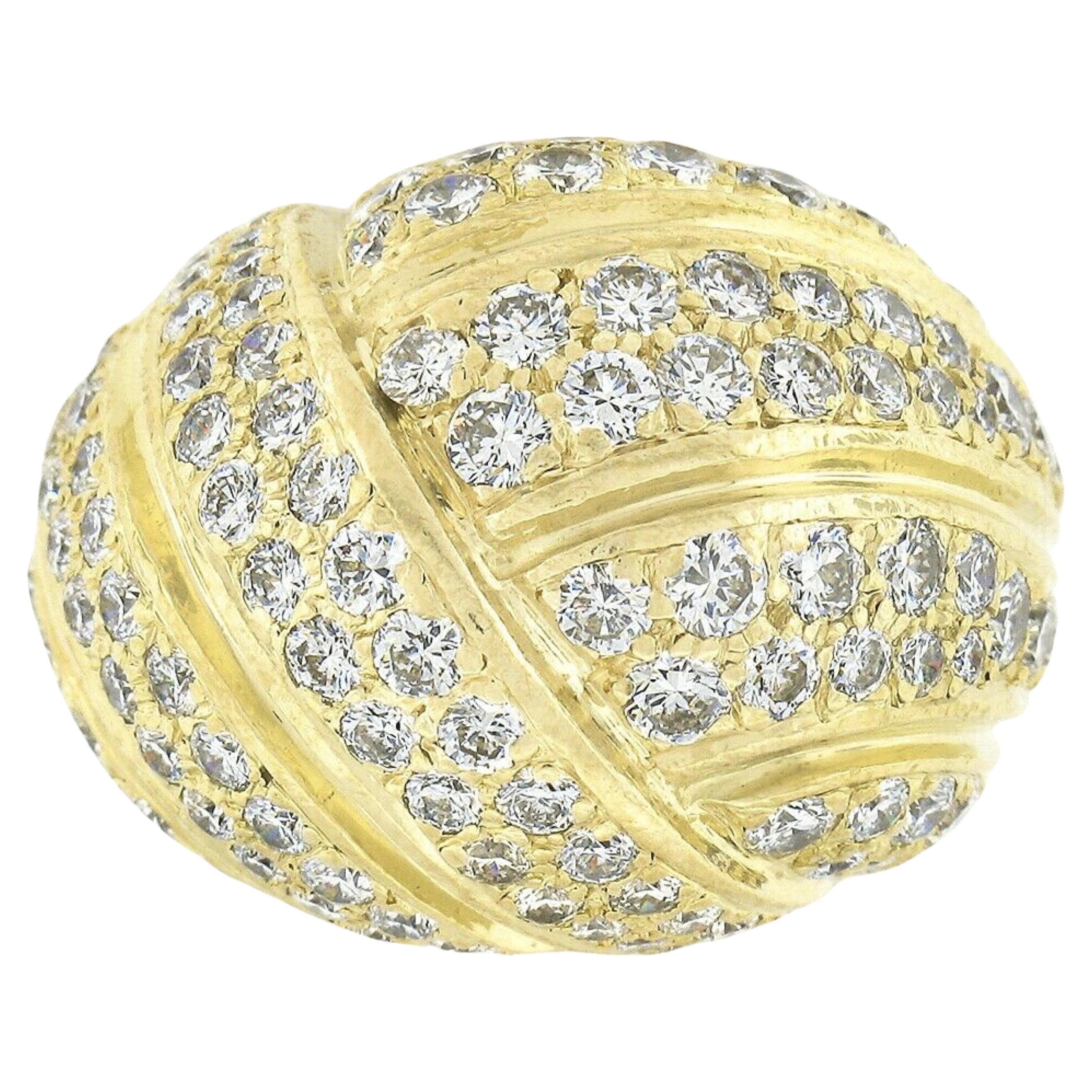 Gemlok 18k Yellow Gold 3.0ct E VVS Pave Diamond Grooved Overlap Domed Bombe Ring