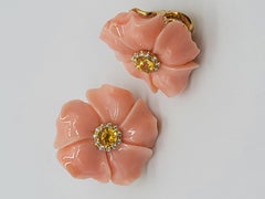 Gemlok 18 Karat Yellow Gold Carved Coral, Yellow Sapphire and Diamond Earrings