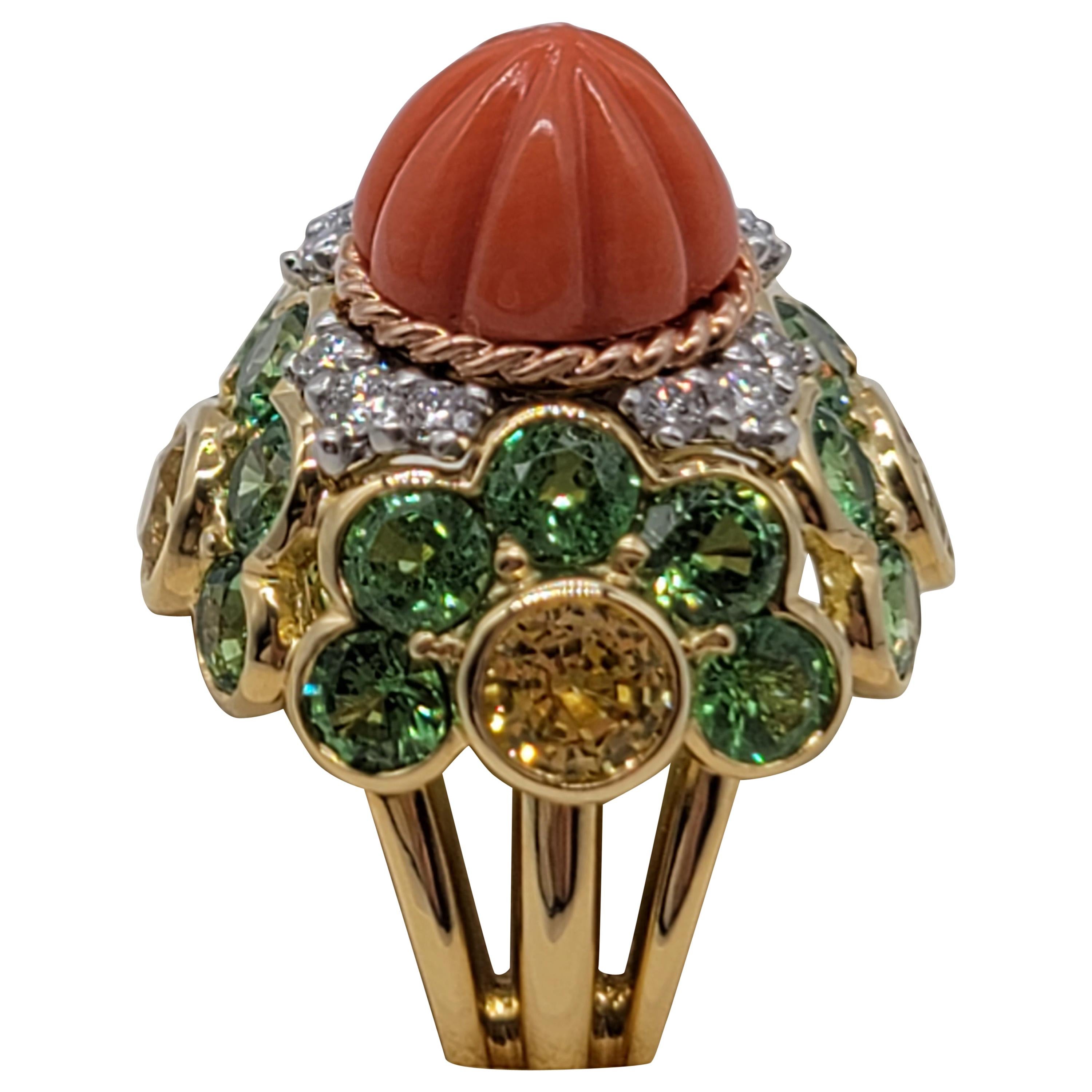 Gemlok 18K Yellow Gold Carved Coral, Yellow Sapphire, Tsavorite and Diamond Ring For Sale