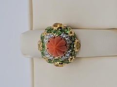 Gemlok 18K Yellow Gold Carved Coral, Yellow Sapphire, Tsavorite and Diamond Ring