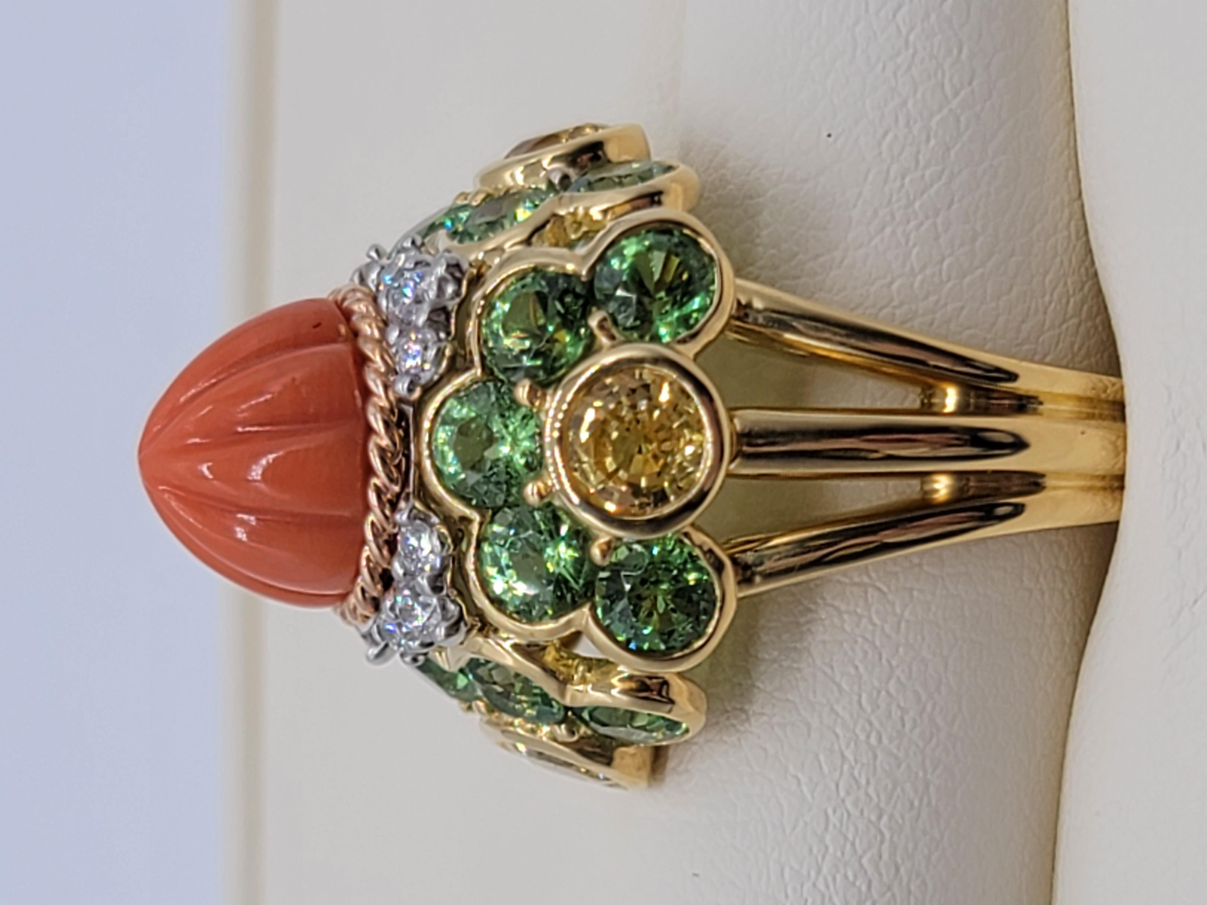 Modern Gemlok 18K Yellow Gold Carved Coral, Yellow Sapphire, Tsavorite and Diamond Ring For Sale