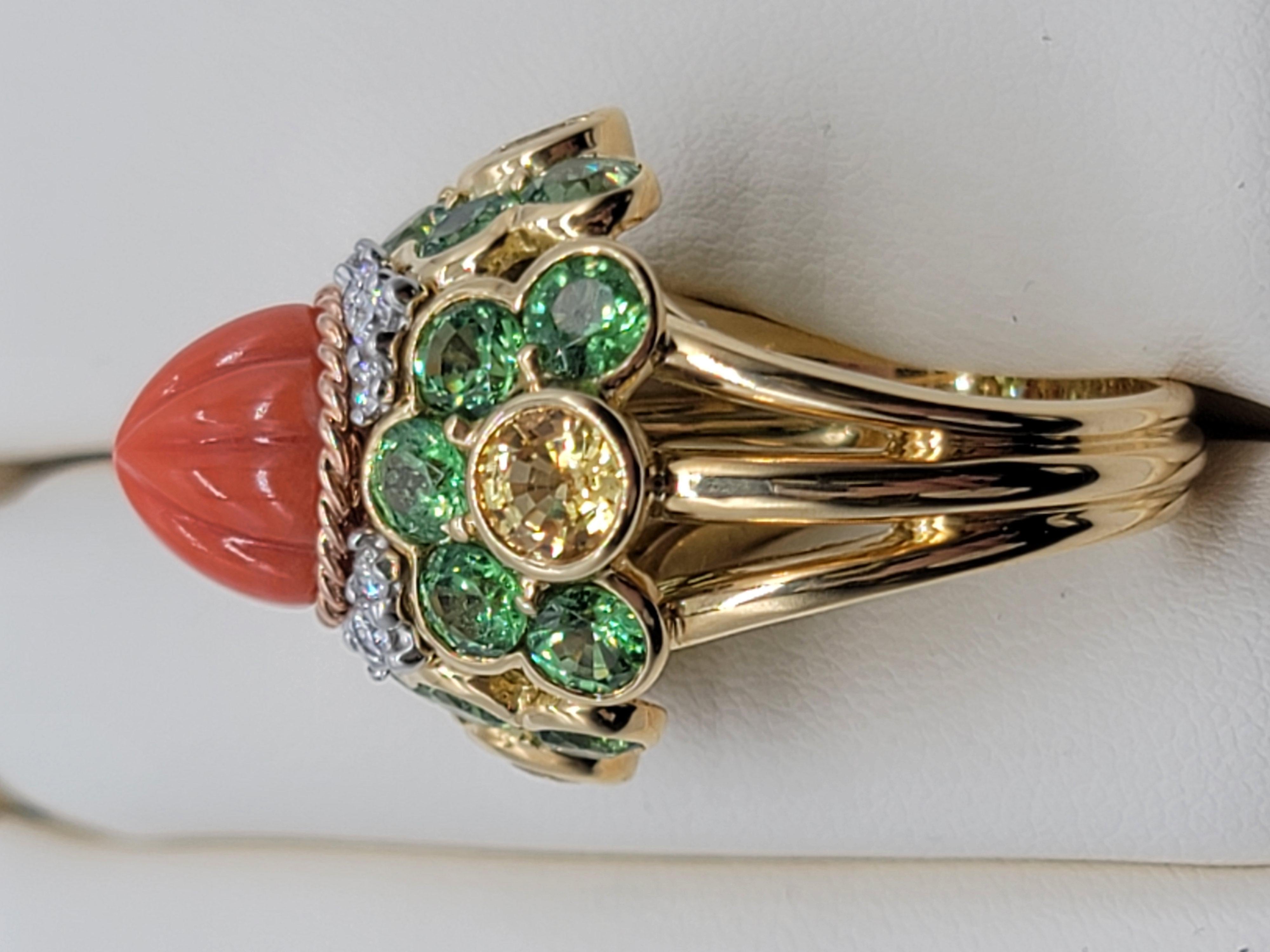 Brilliant Cut Gemlok 18K Yellow Gold Carved Coral, Yellow Sapphire, Tsavorite and Diamond Ring For Sale