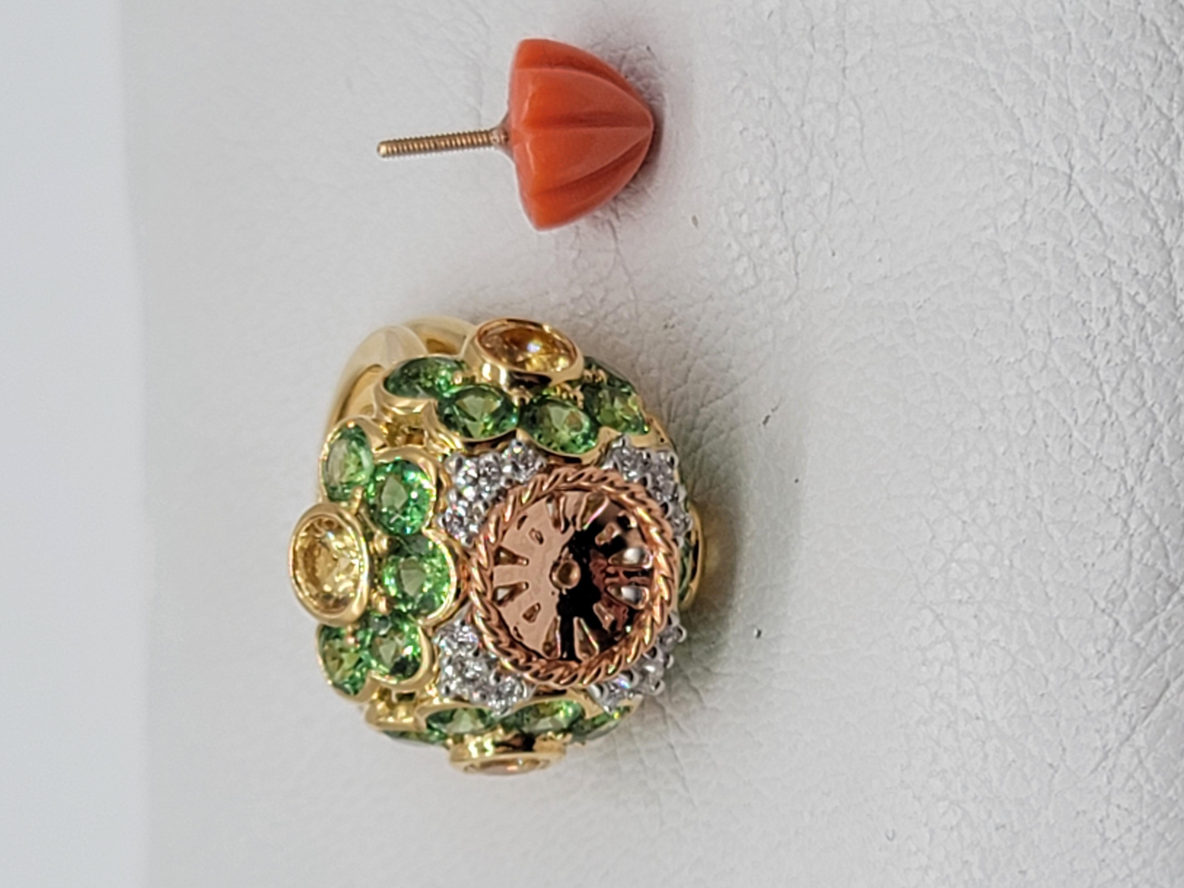 Gemlok 18K Yellow Gold Carved Coral, Yellow Sapphire, Tsavorite and Diamond Ring In New Condition For Sale In New York, NY