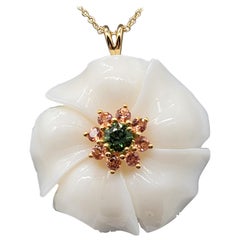 Gemlok 18k Yellow Gold Carved White Coral, Green Tourmaline and Orange Sapphire