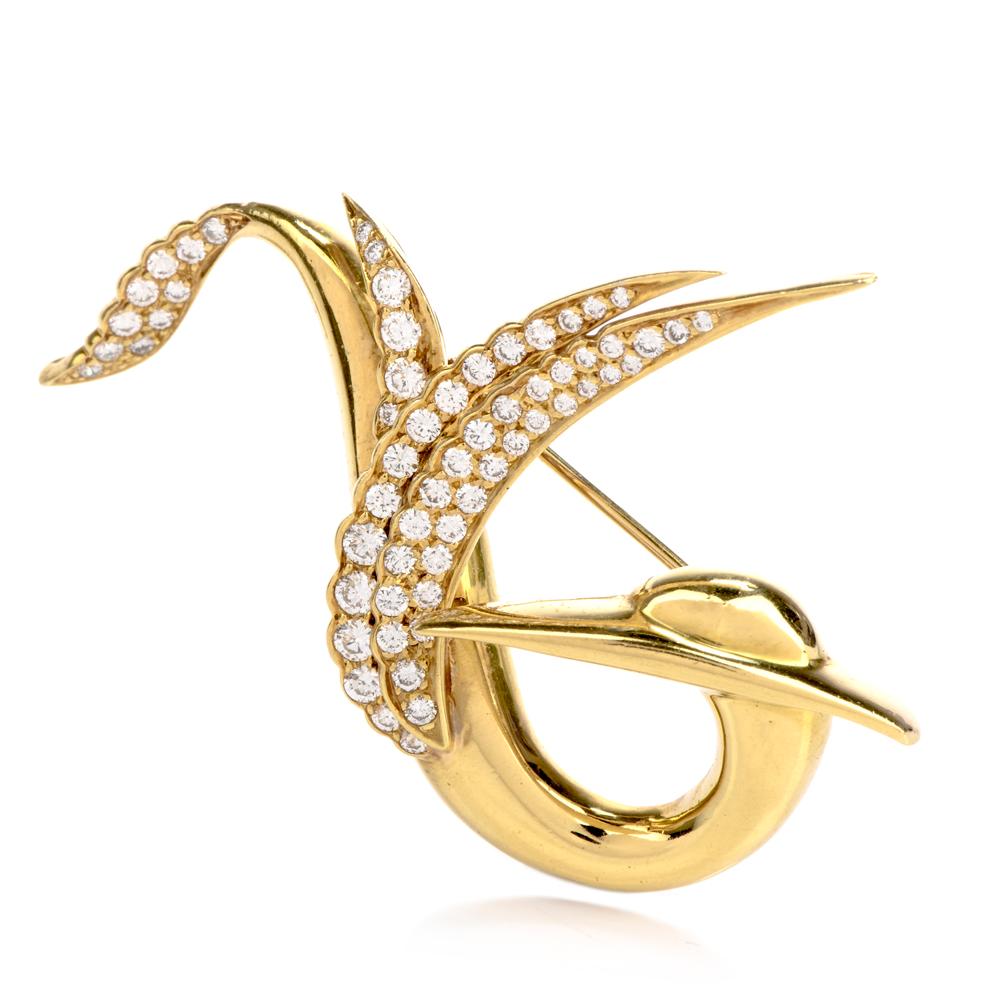 Women's or Men's Gemlok Diamond 18 Karat Yellow Gold Abstract Bird Brooch Pin