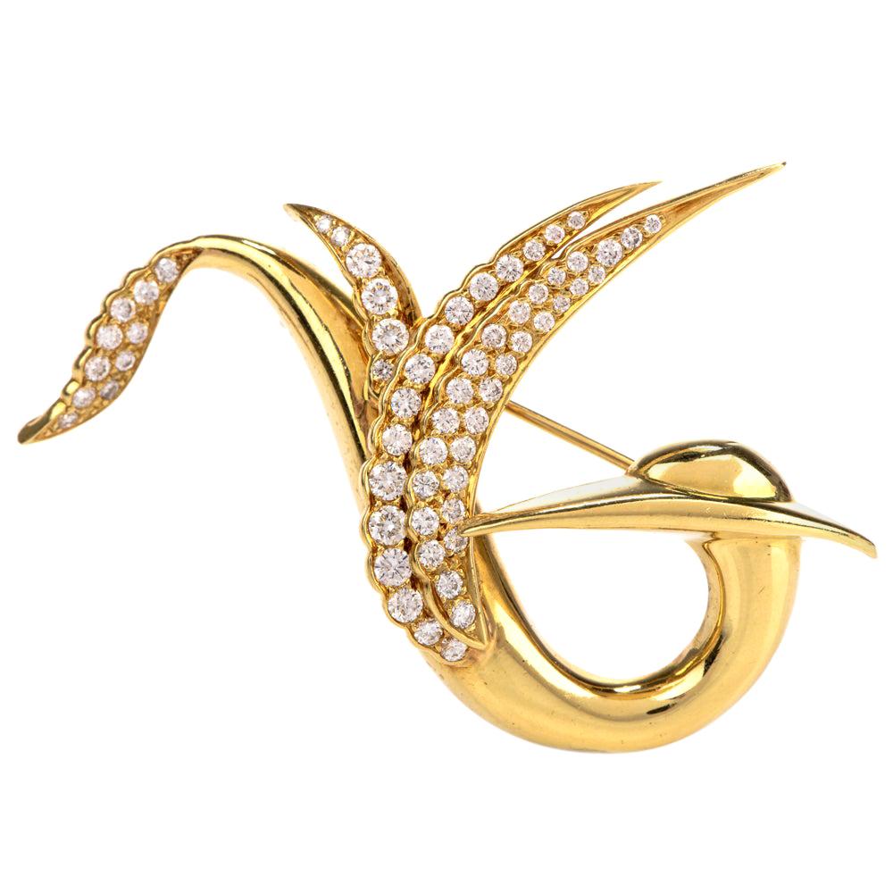Gemlok Diamond 18 Karat Yellow Gold Abstract Bird Brooch Pin