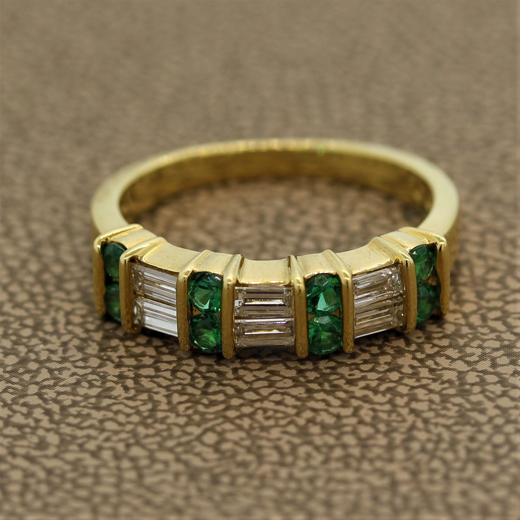 A classic piece from Gemlok, this band features 0.50 carats of straight baguette cut diamonds along with 0.40 carats of round cut vivid green emeralds. Gemlok is known for their high-quality workmanship and use of the best gemstones and diamonds.