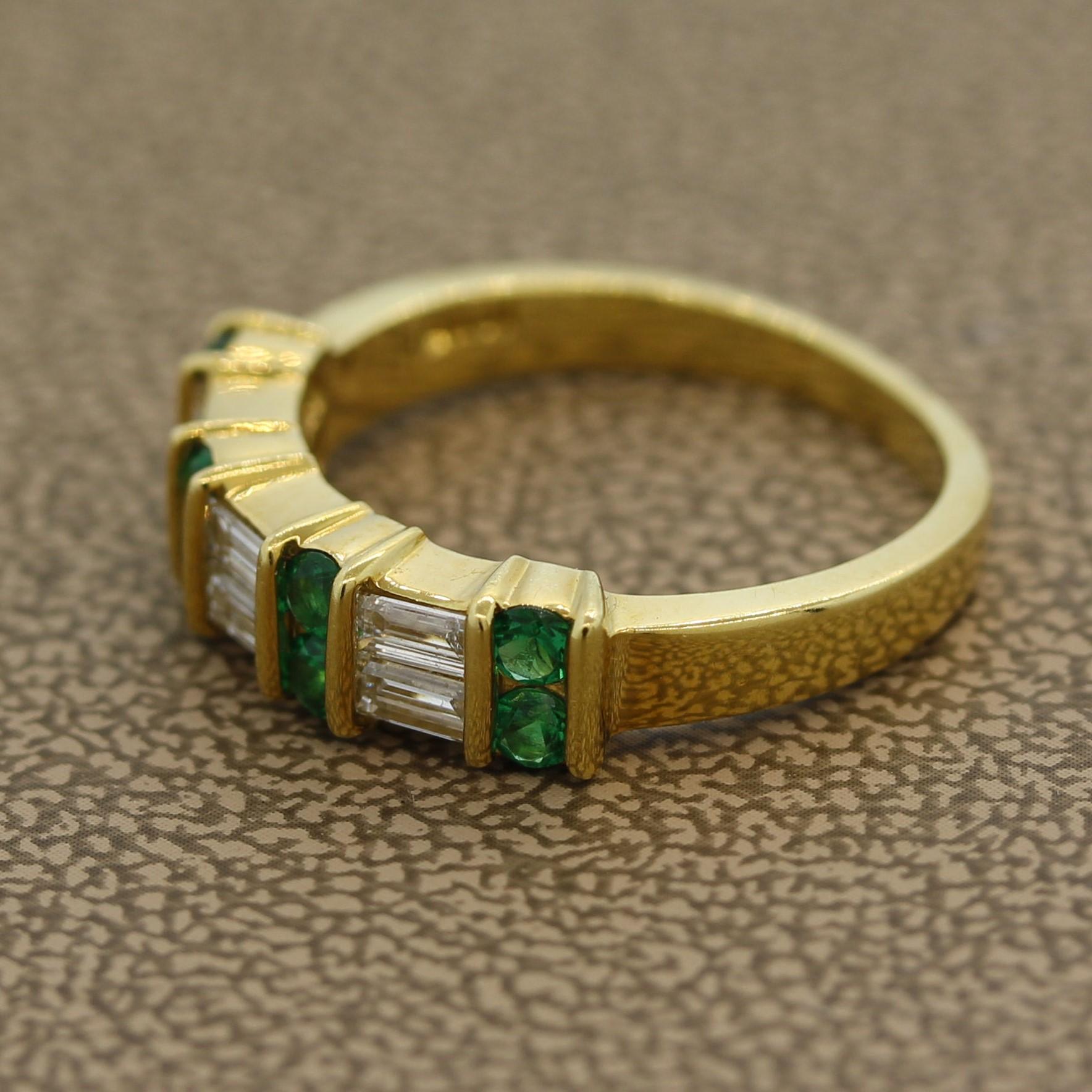 Baguette Cut Gemlok Diamond Emerald Gold Band Ring For Sale
