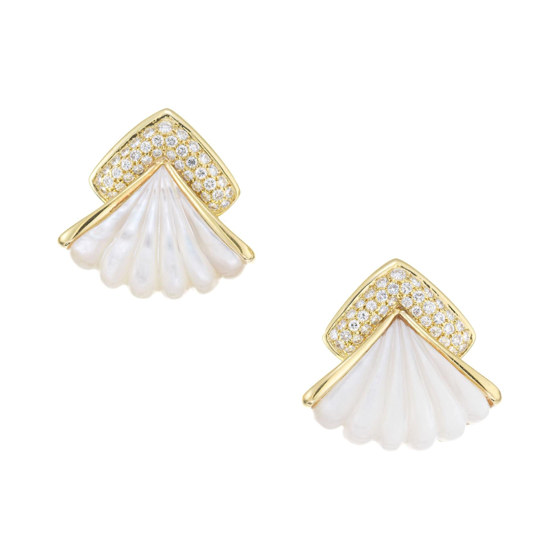 Gemlok Diamond Mother of Pearl Diamond Pave Gold Clip Post Earrings For Sale