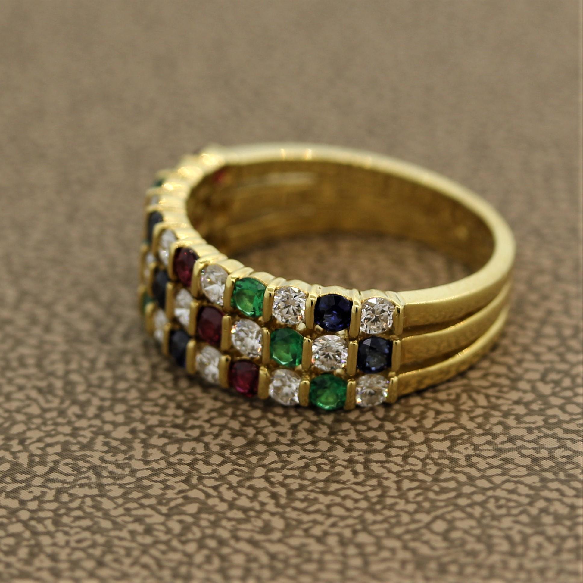 Round Cut Gemlok Diamond Ruby Emerald Sapphire Gold Ring Band