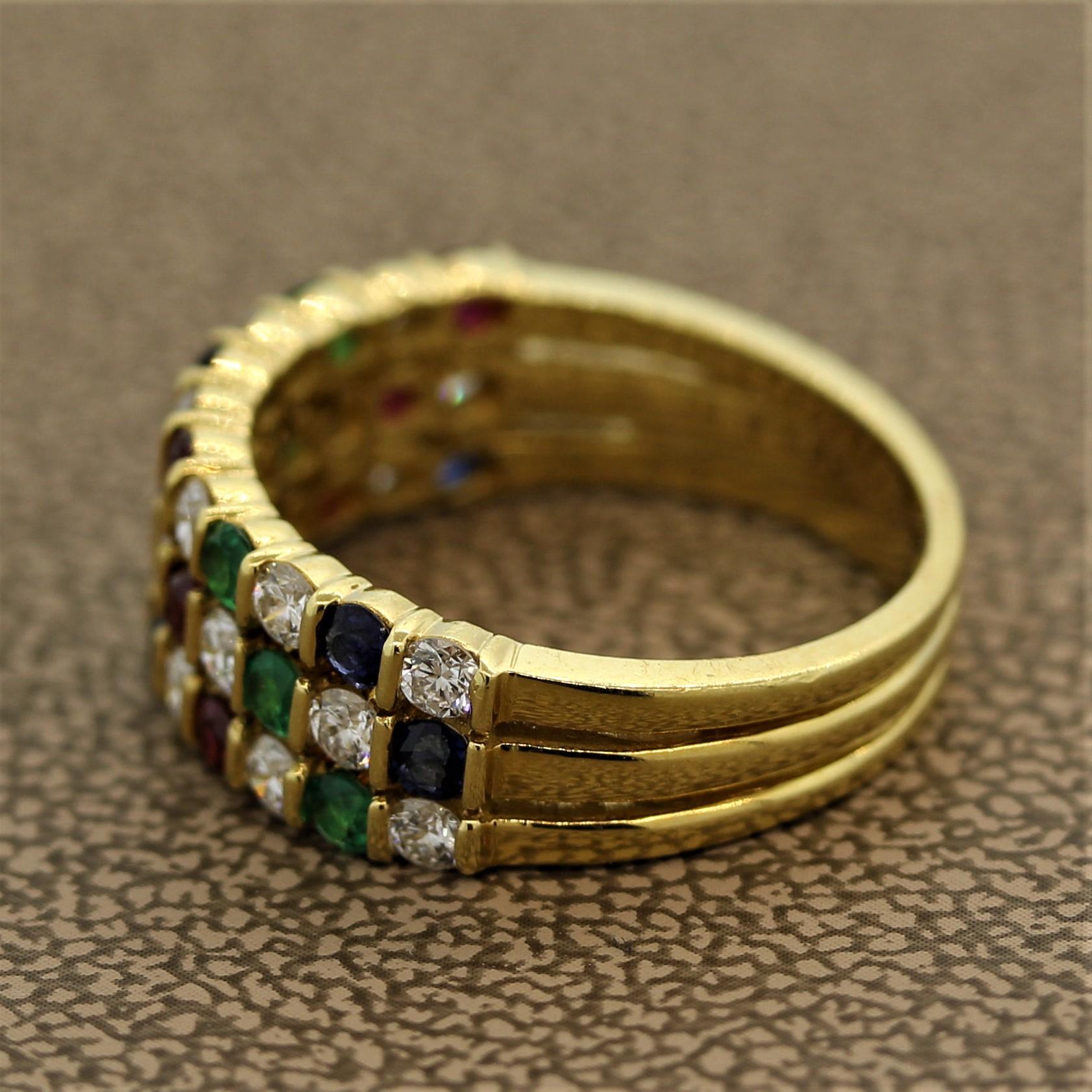 Gemlok Diamond Ruby Emerald Sapphire Gold Ring Band In New Condition In Beverly Hills, CA