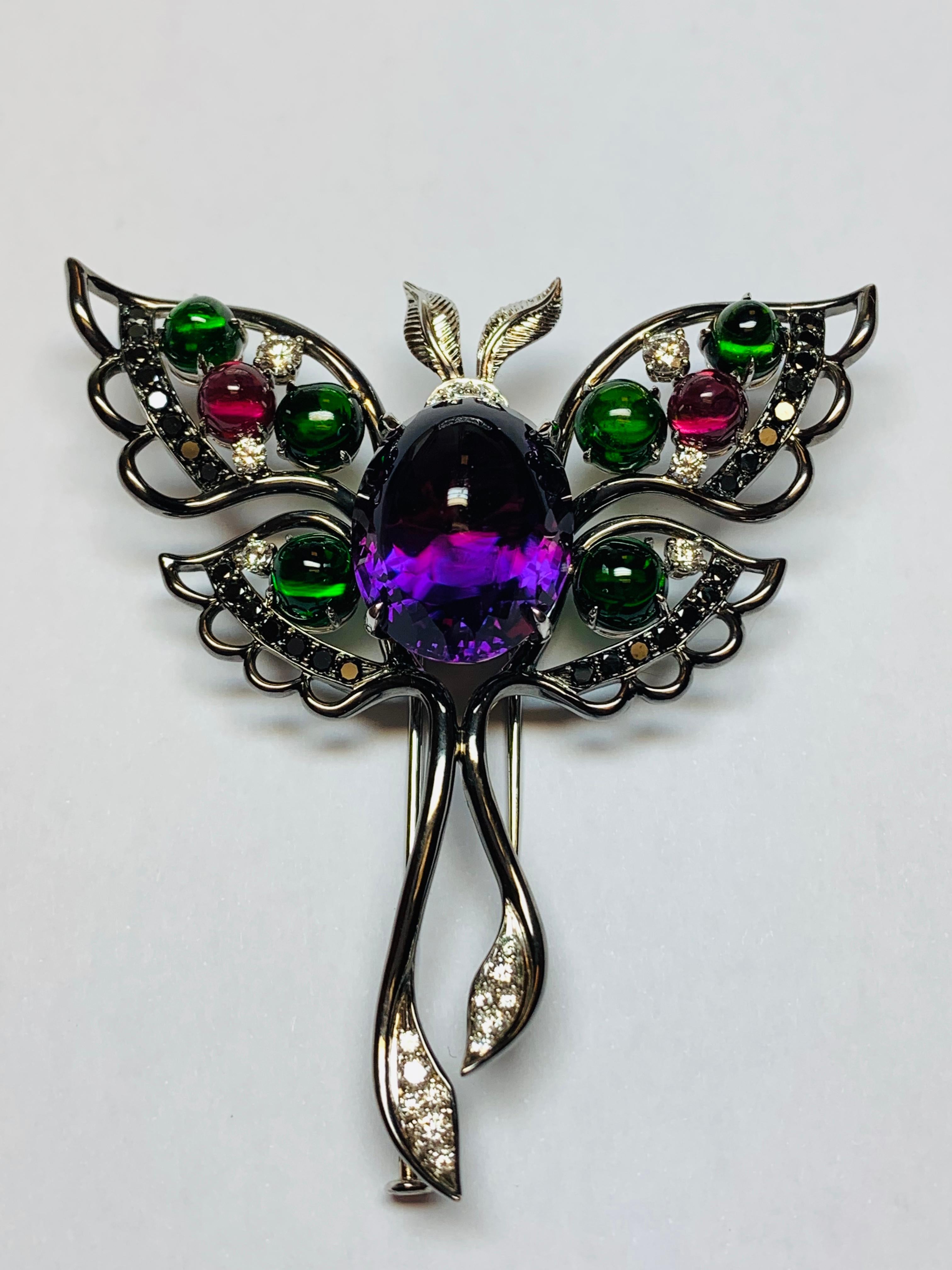 Modern Oxidized White Gold Multicolored Gemstone Butterfly Brooch For Sale