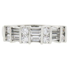 Gemlok Platinum Alternating Bar Set Round & Baguette Diamond Wedding Band Ring