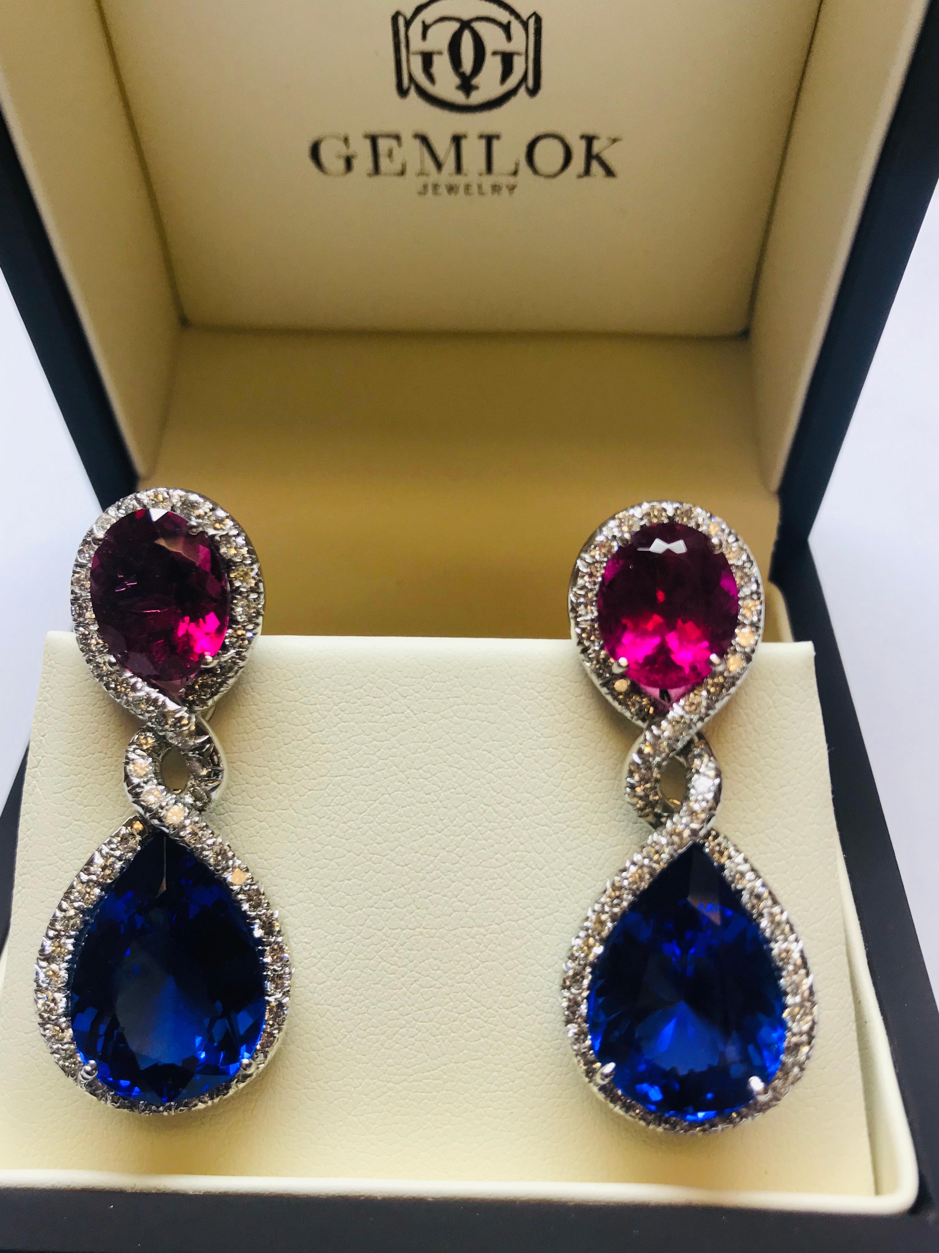 Modern Platinum Diamond, Tanzanite and Rubellite One Off Earrings For Sale