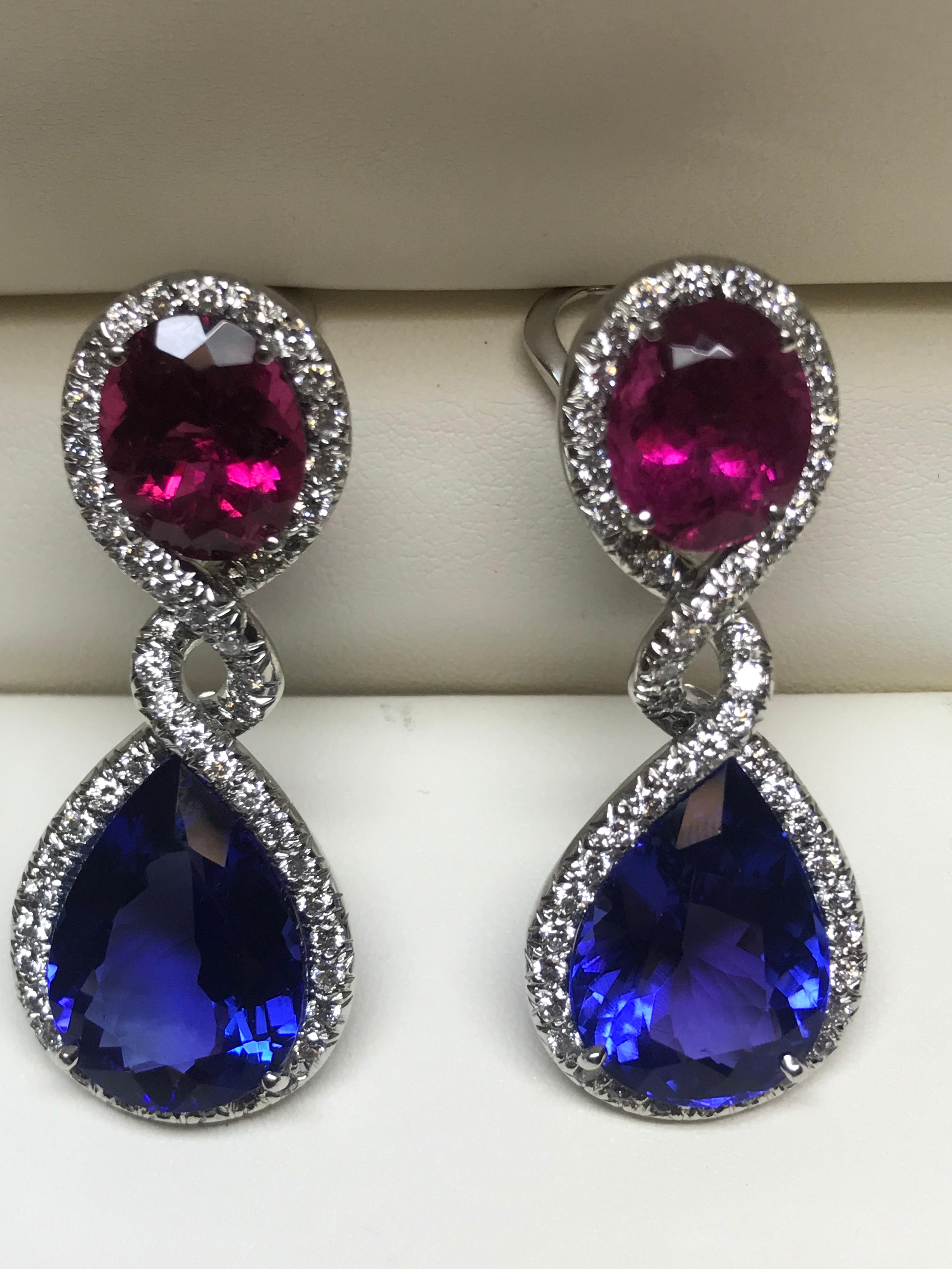 Pear Cut Platinum Diamond, Tanzanite and Rubellite One Off Earrings For Sale