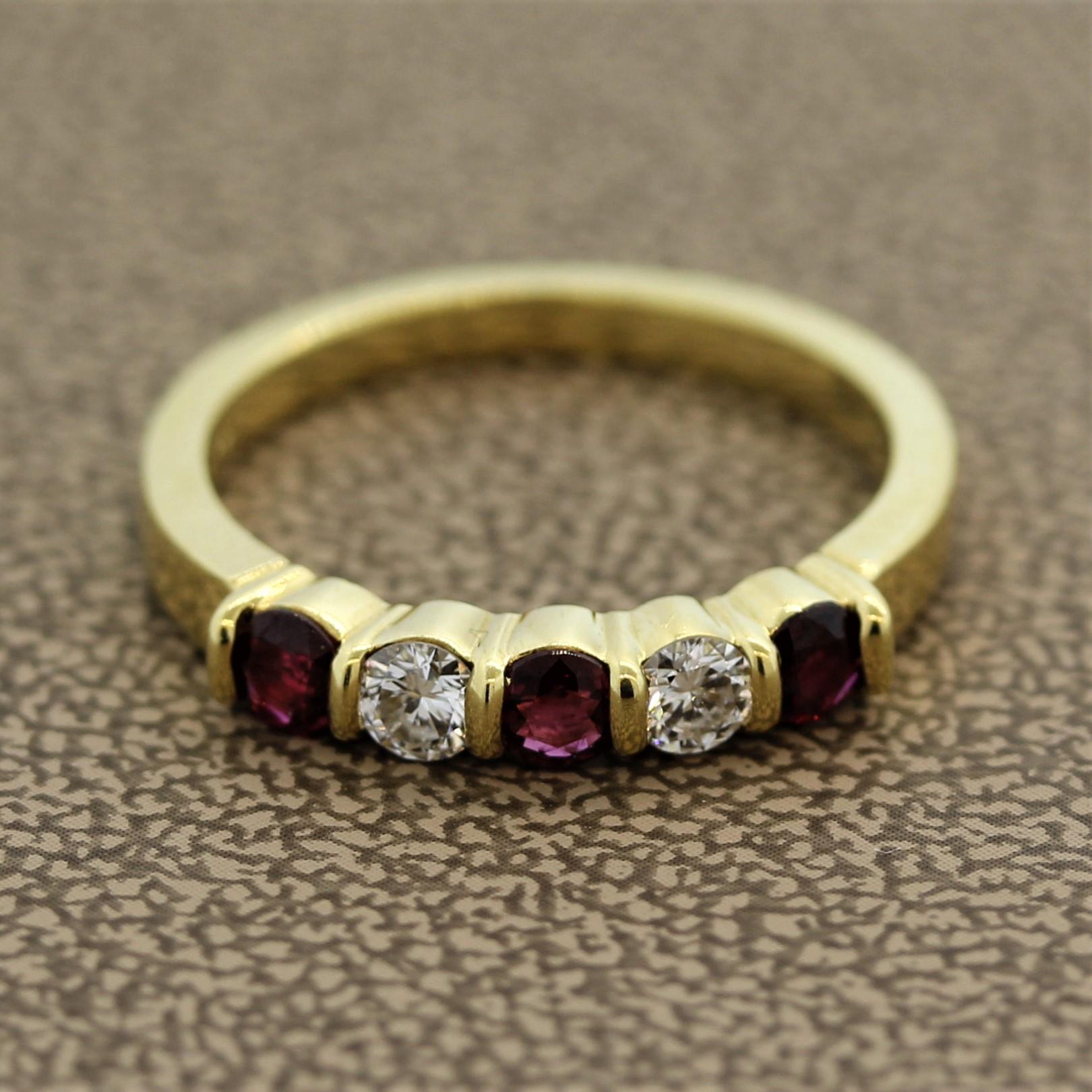 A classic piece by Gemlok, this band features 3 round cut rubies with a vivid red color weighing 0.30 carats. Adding to that are 2 round brilliant cut diamonds weighing 0.25 carats and are set in between the rubies. Made in 18 yellow gold with fine