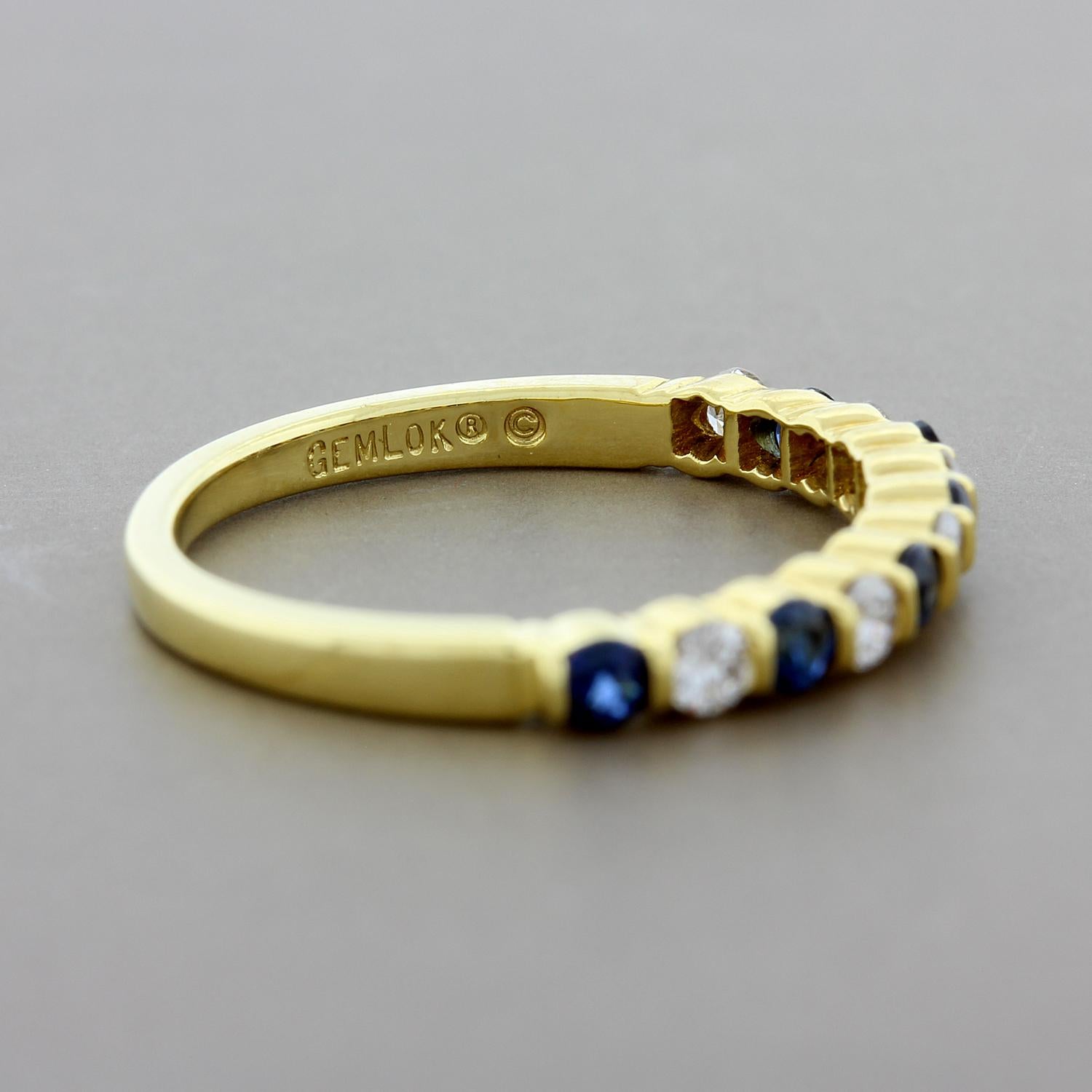 Gemlok Blue Sapphire Diamond Gold Band Ring In Excellent Condition In Beverly Hills, CA