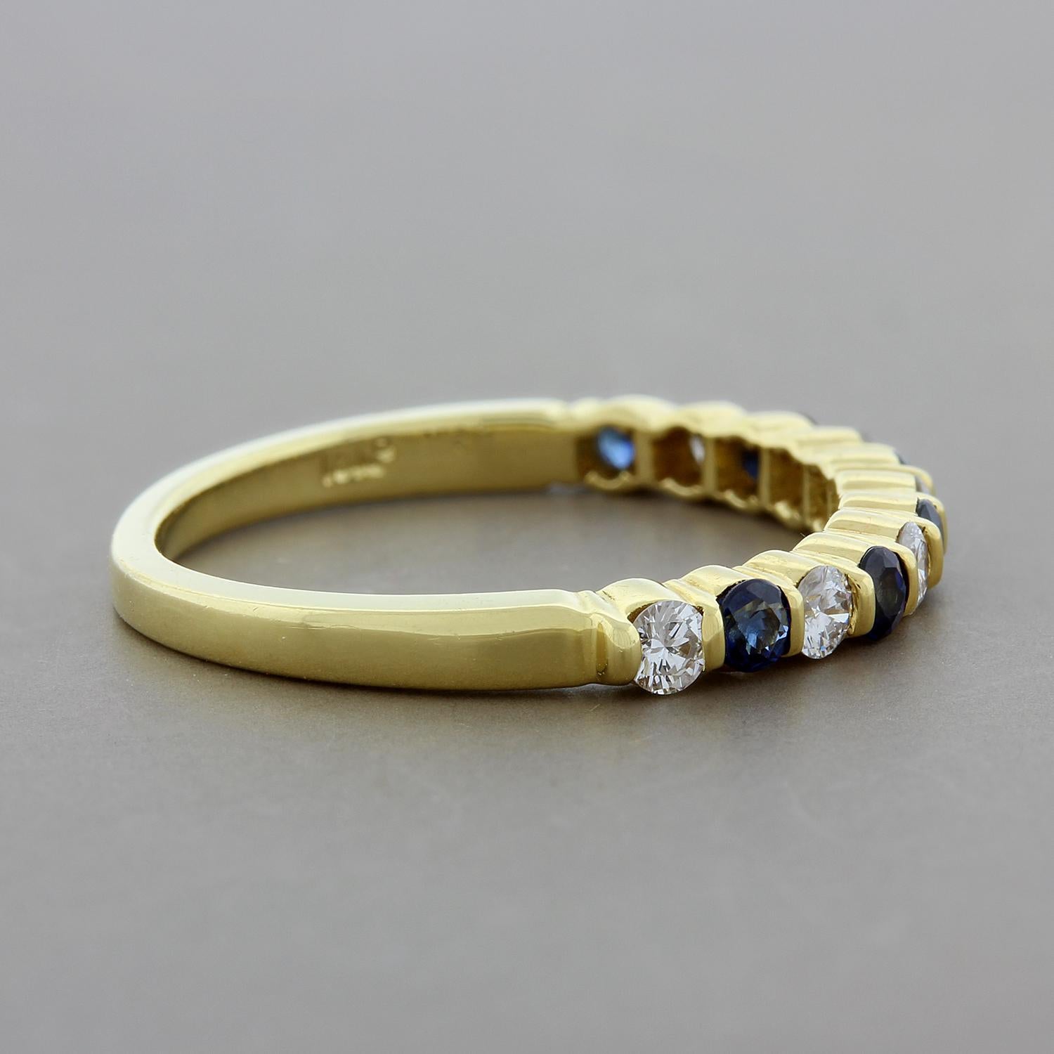 Round Cut Gemlok Blue Sapphire Diamond Gold Band Ring