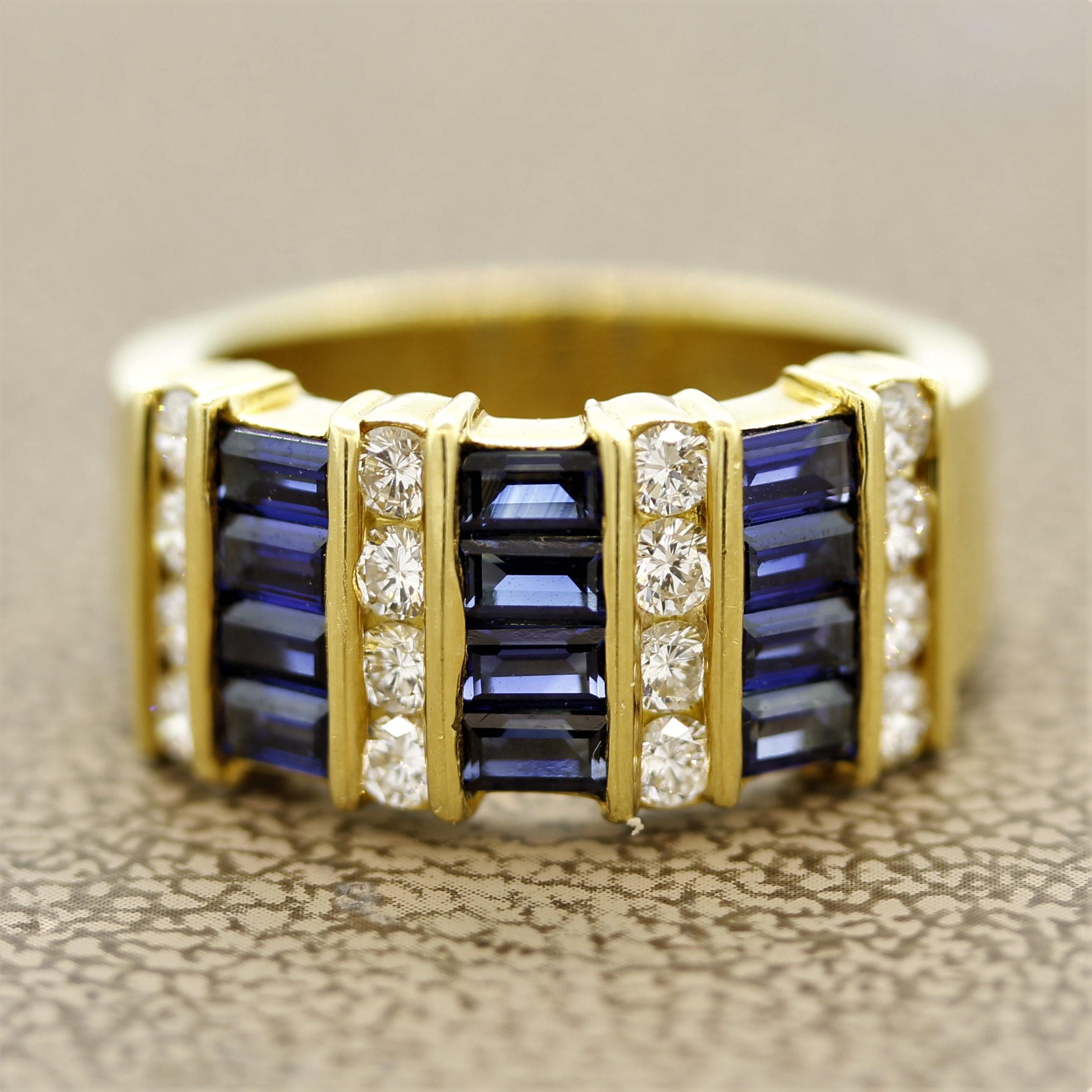 A classic Gemlok wide band featuring 1.69 carats of baguette cut sapphires along with 0.70 carats of round brilliant cut diamonds. The sapphires are channel set in rows of 4 and separated by the diamonds. Made in 18k yellow gold, a wide and