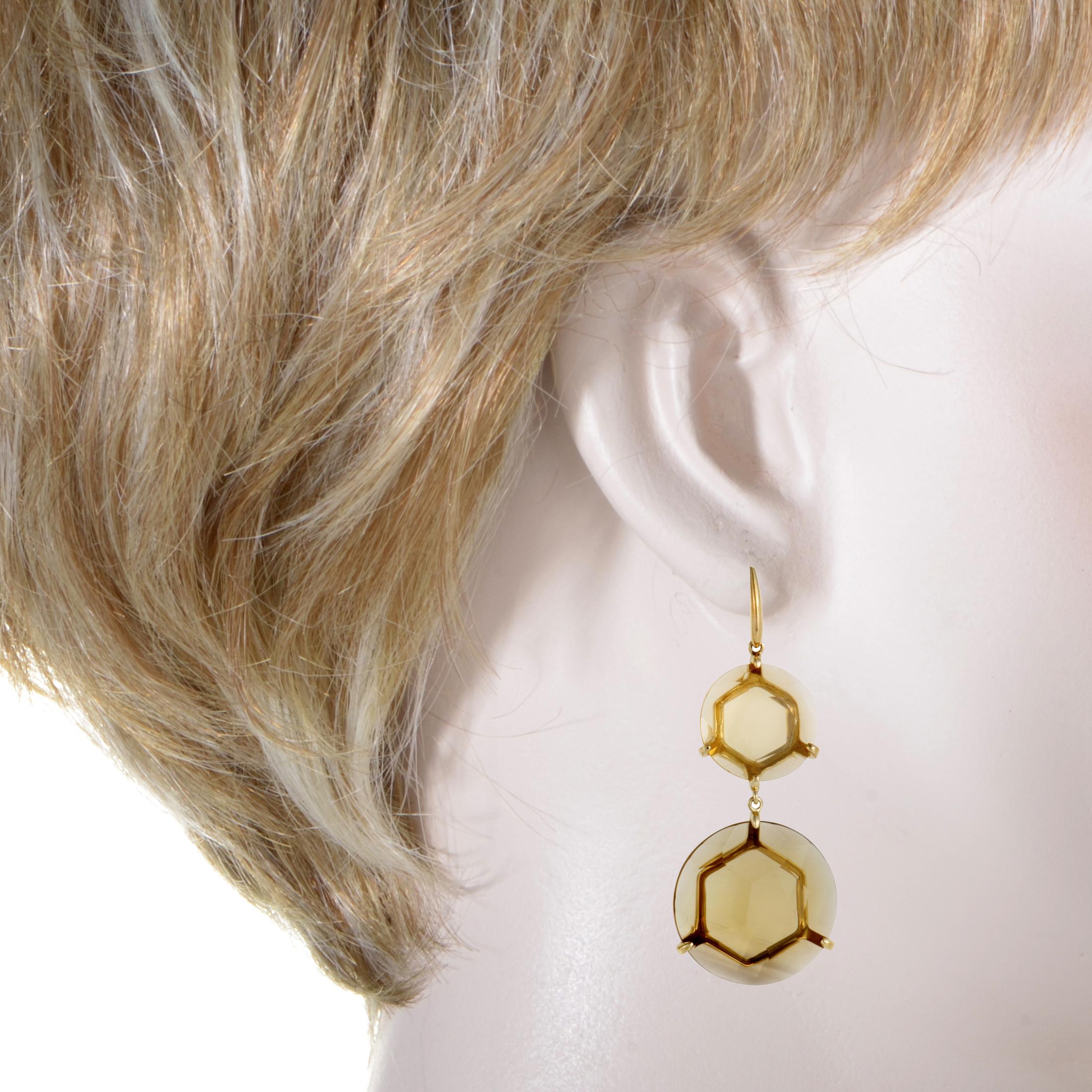 The enchantingly refined combination of prestigious 18K yellow gold and gorgeous cognac citrine is featured in these sublime earrings from Ippolita that boast nifty elegant design and classy appeal.
