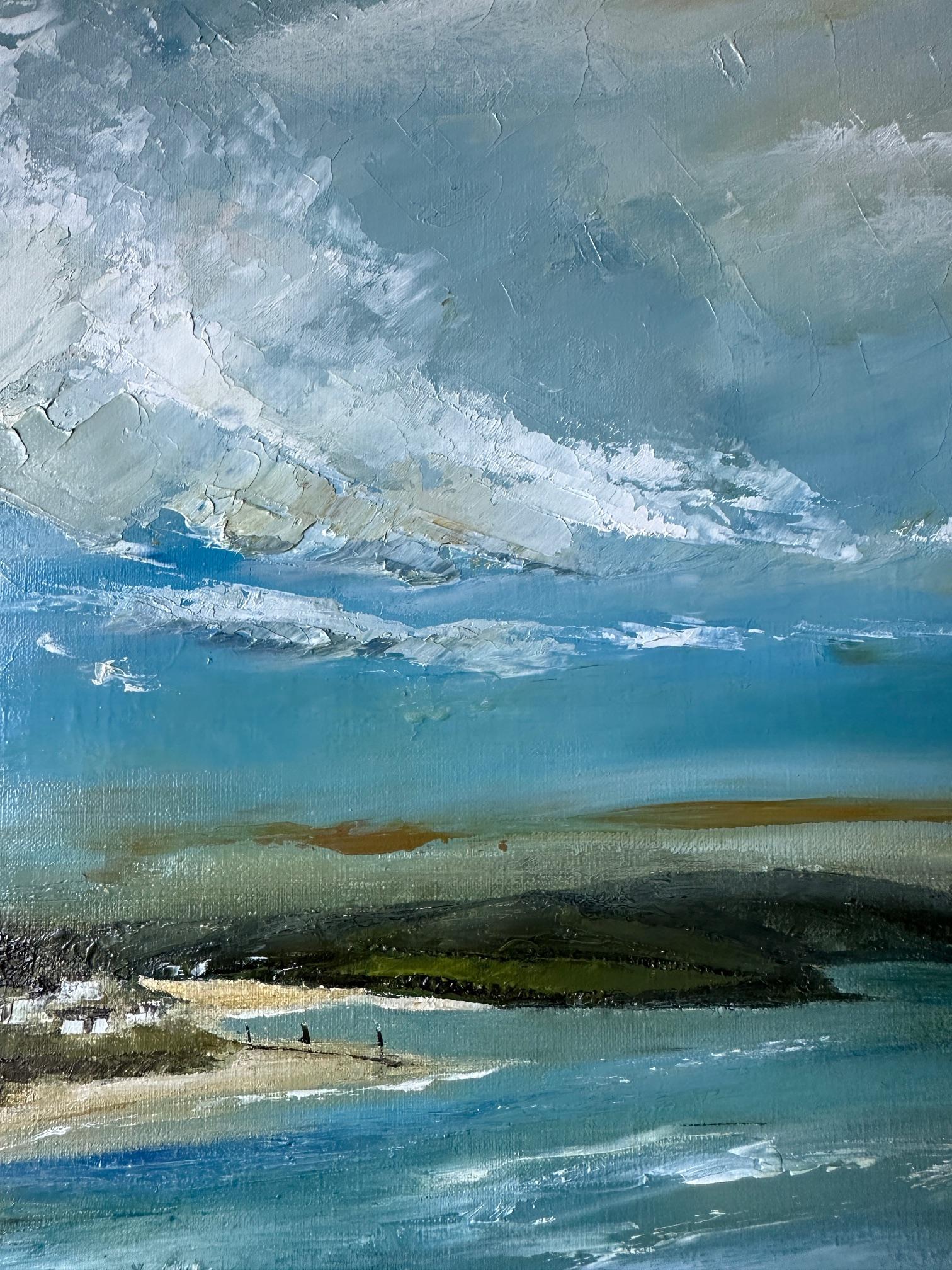 This painting is inspired by the view towards Rock from Padstow. It was a windy day with big fluffy clouds in the sky. The colours were unbelievably beautiful with lots of strong turquoise and bright shimmers on the water. The sort of day that makes