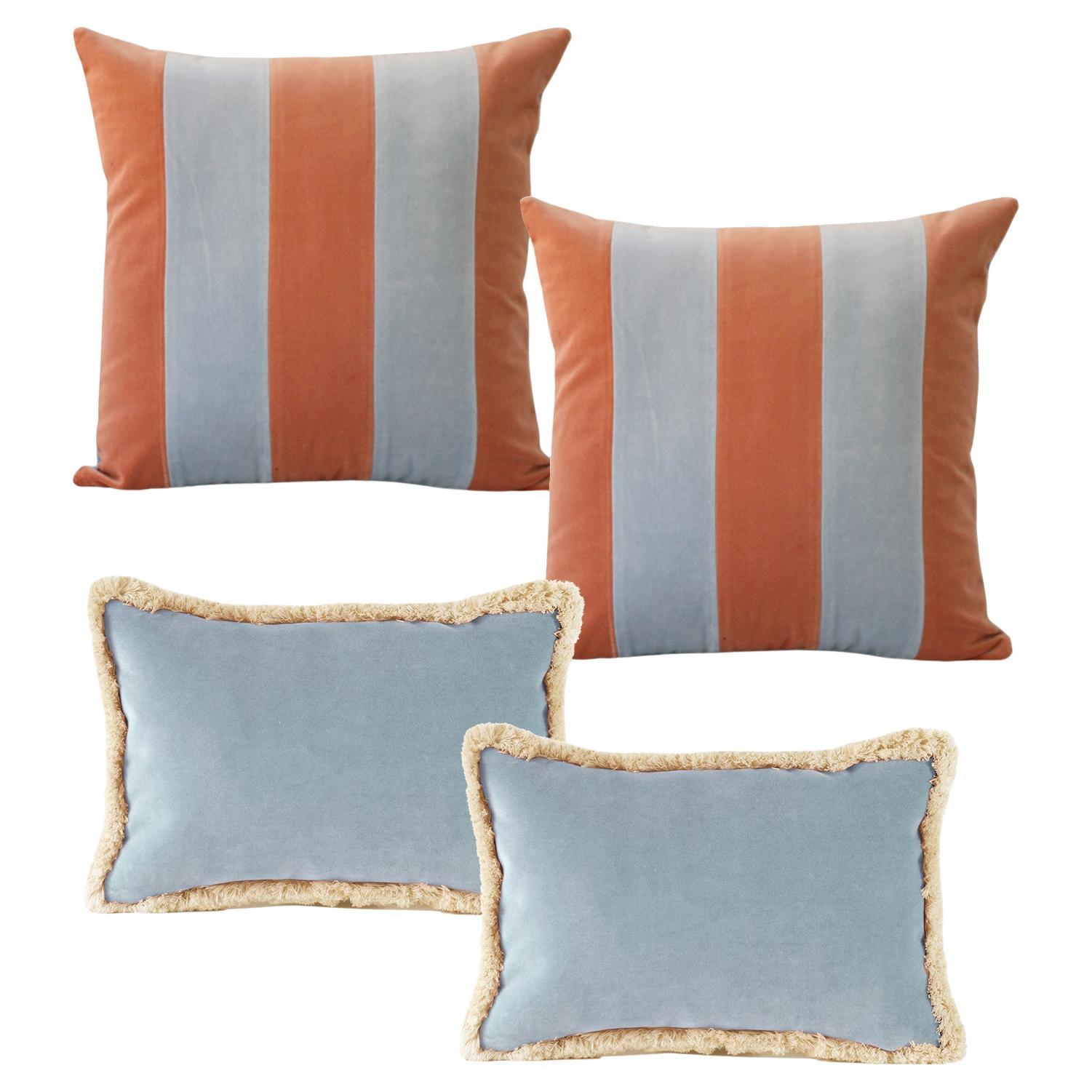 GEMMA Blue Camel & DAISY Light Blue - Set of 4 Cotton Velvet Pillows For Sale