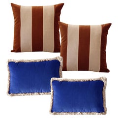 GEMMA Brown and DAISY Cobalt Blue - Set of 4 Cotton Velvet Deluxe Cushions