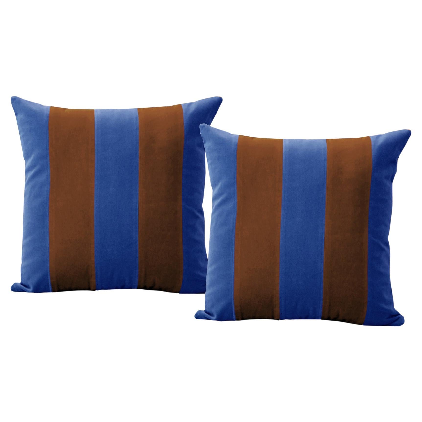 Gemma cobalt blue & Brown Set of 2 Velvet Deluxe Handmade Decorative Pillows For Sale