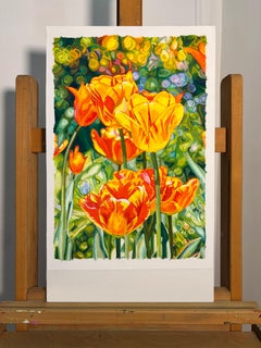 "Ablaze" leuchtend orange und gelbe Tulpen blühen in einem Garten, Blüten, floral