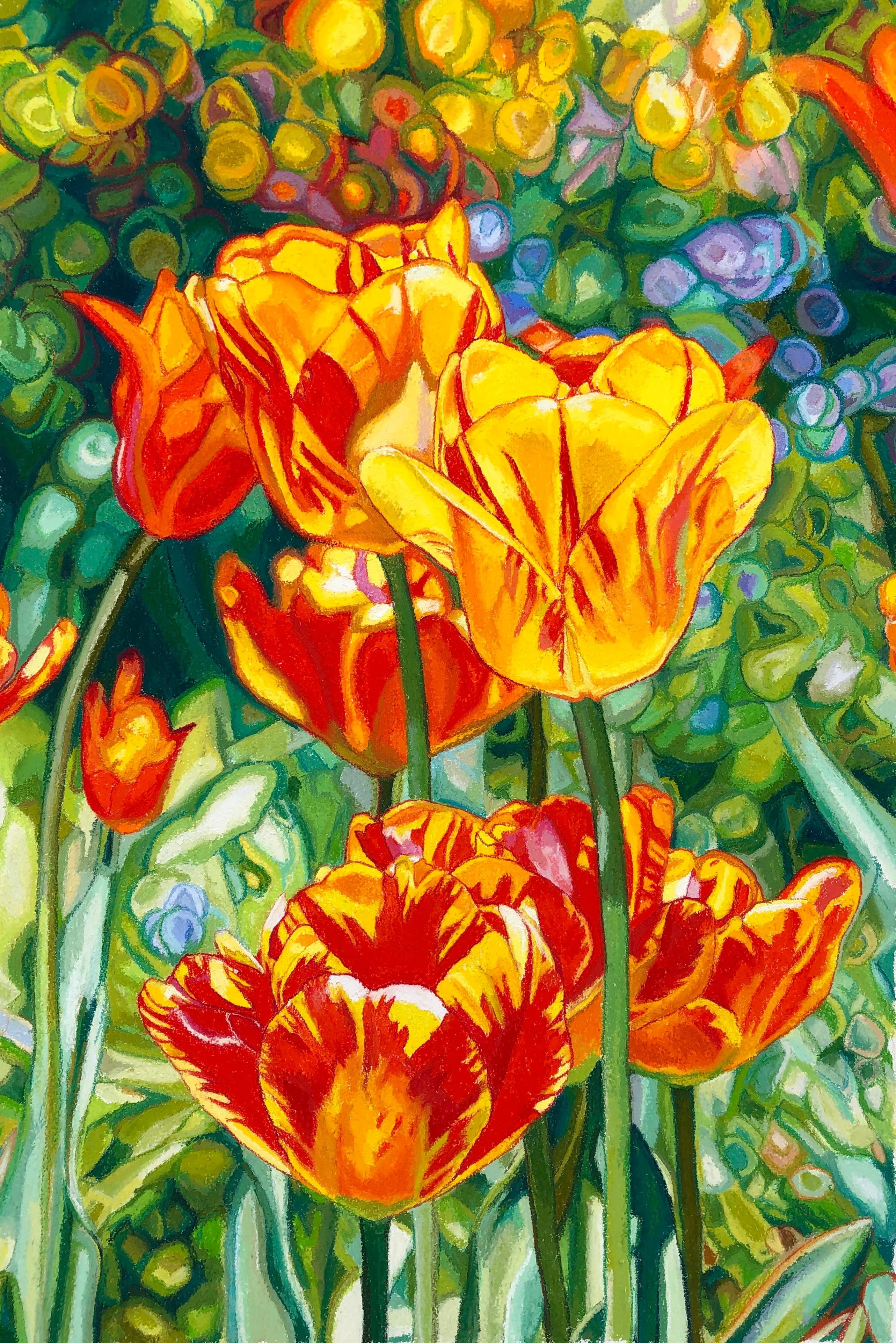"Ablaze" bright orange and yellow tulips blooming in a garden, blossoms, floral - Mixed Media Art by Gemma Di Grazia