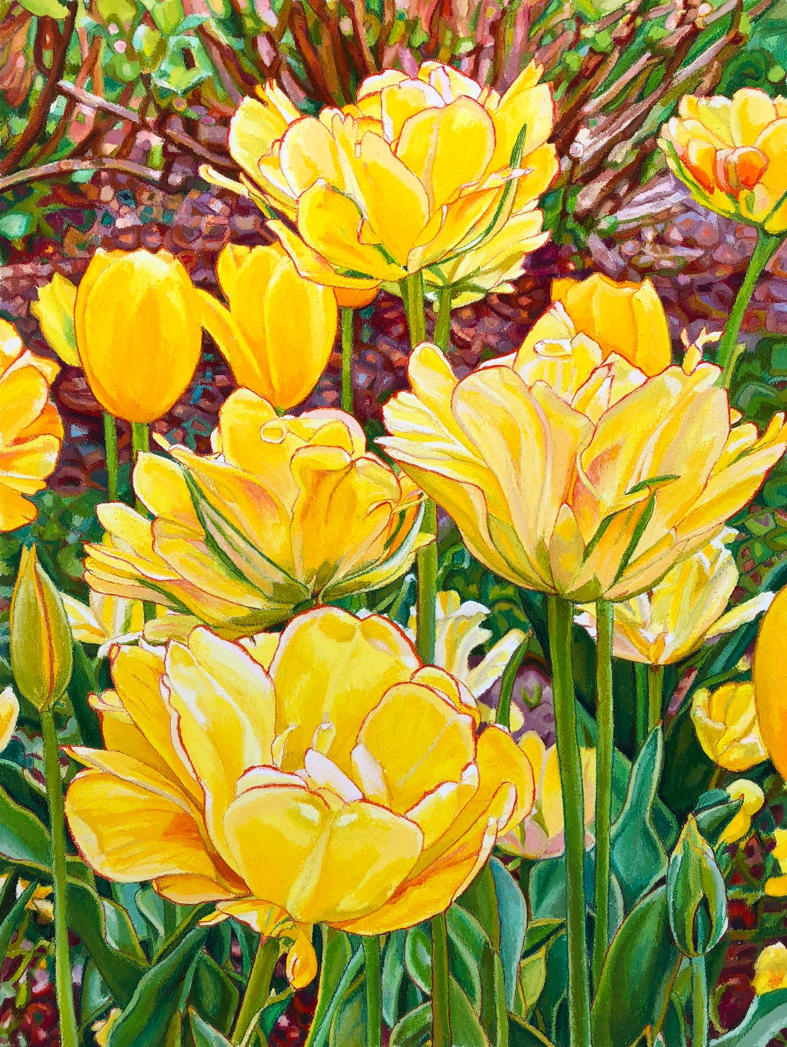 "But Life May Be a Bed of Tulips" yellow tulips on paper, pastels bright floral