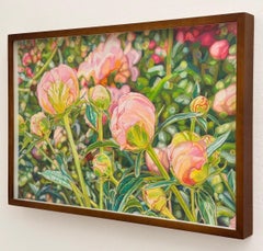 "Confetti" pink flowers about to bloom, green stems, vibrant garden, floral