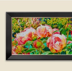 "Floral Frieze", lush greenery behind blooming peonies with pink petals, pastel