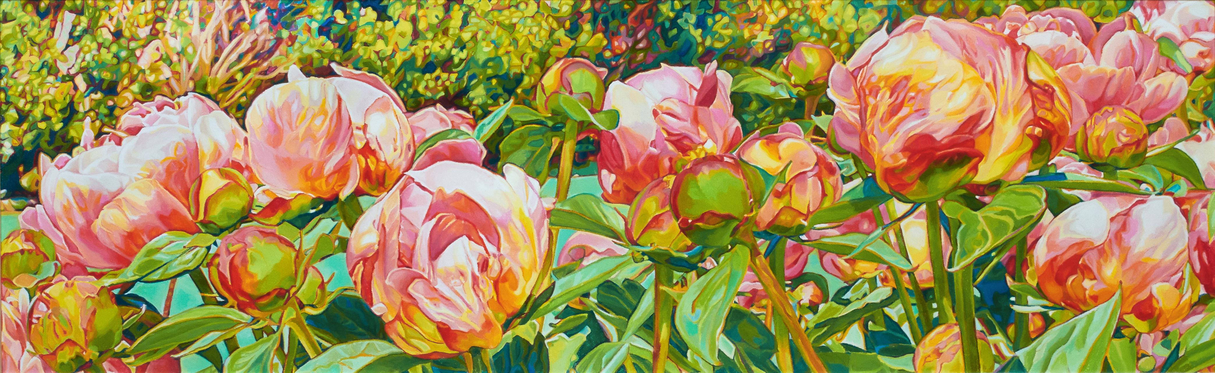 "Floral Frieze", lush trees rise behind blooming peonies with sunset petals