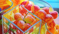 "Grape Expectations", still life close up pastel of grapes on a kitchen counter