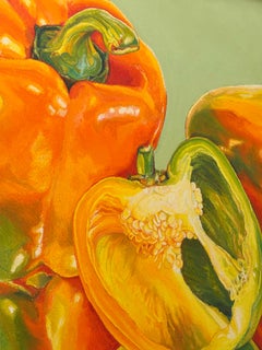 "Meet the Peppers" pastel still life of vegetables, red and green bell peppers