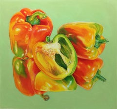 "Meet the Peppers" still life of vegetables, red and green bell peppers