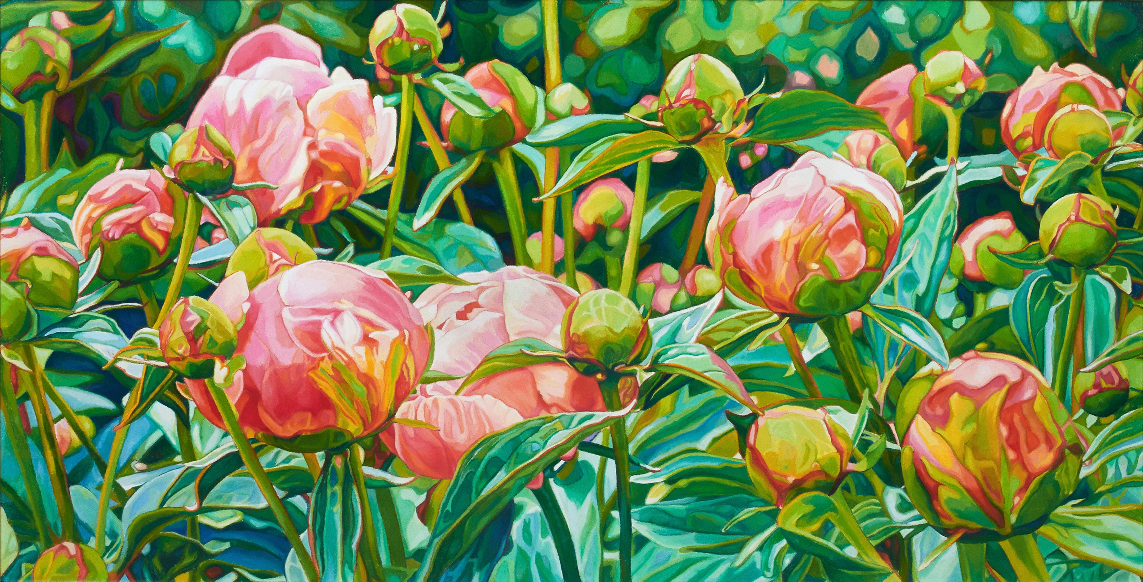 "Opening Day" detailed still life of peonies amid a field of lush green - Mixed Media Art di Gemma Di Grazia