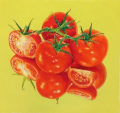 "You Say Tomatoes", realistic still life of tomatoes on a yellow background