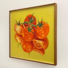 "You Say Tomatoes", realistic still life pastel, tomatoes on a yellow background