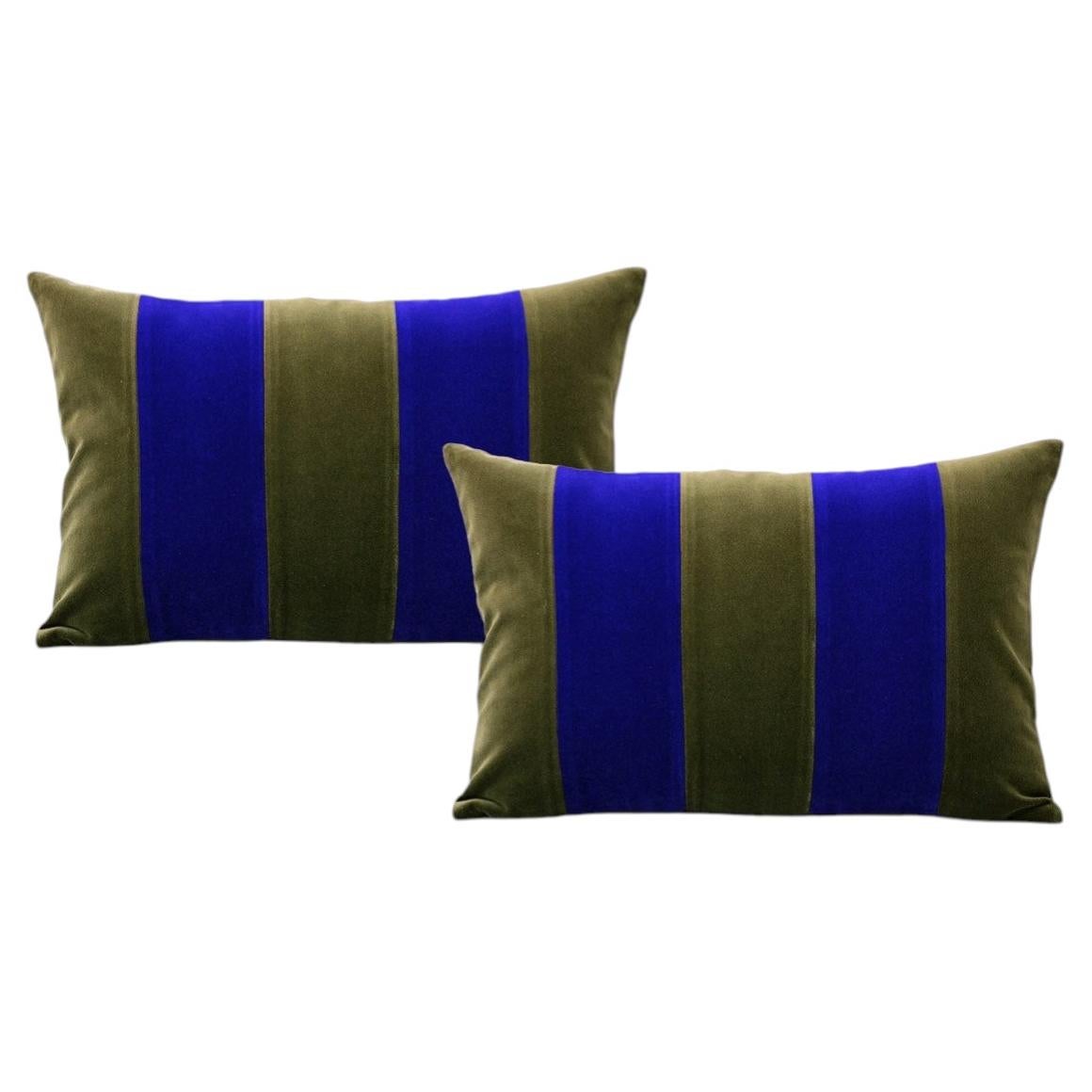 GEMMA II Cobalt and Green set of 2 Velvet Deluxe Handmade Decorative Cushions For Sale