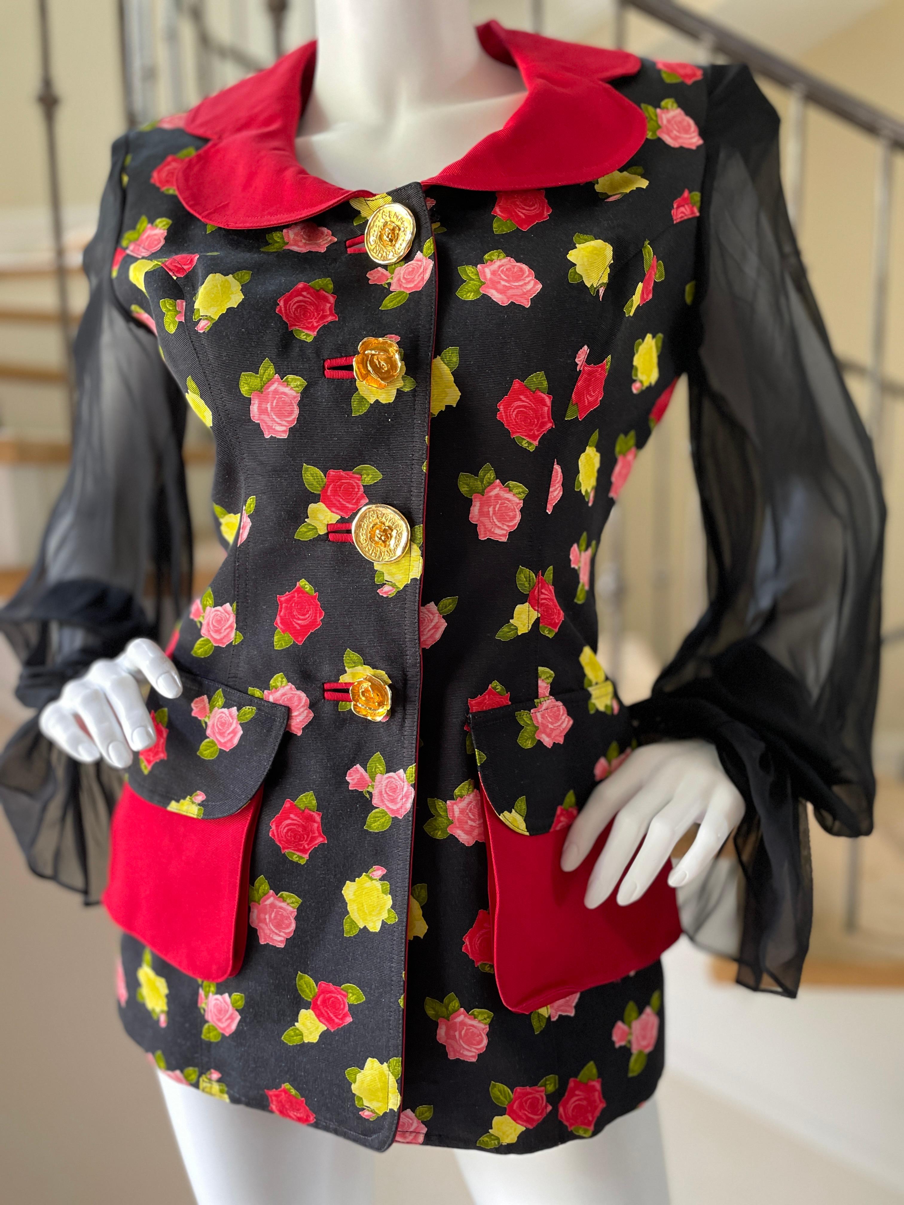 Gemma Kahng for Bergdorf Goodman 1980's Floral Evening Jacket with Sheer Sleeves In Excellent Condition For Sale In Cloverdale, CA