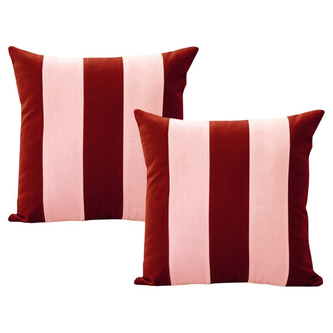 Gemma Pink and Brick Set of 2 Velvet Deluxe Handmade Striped Cushions