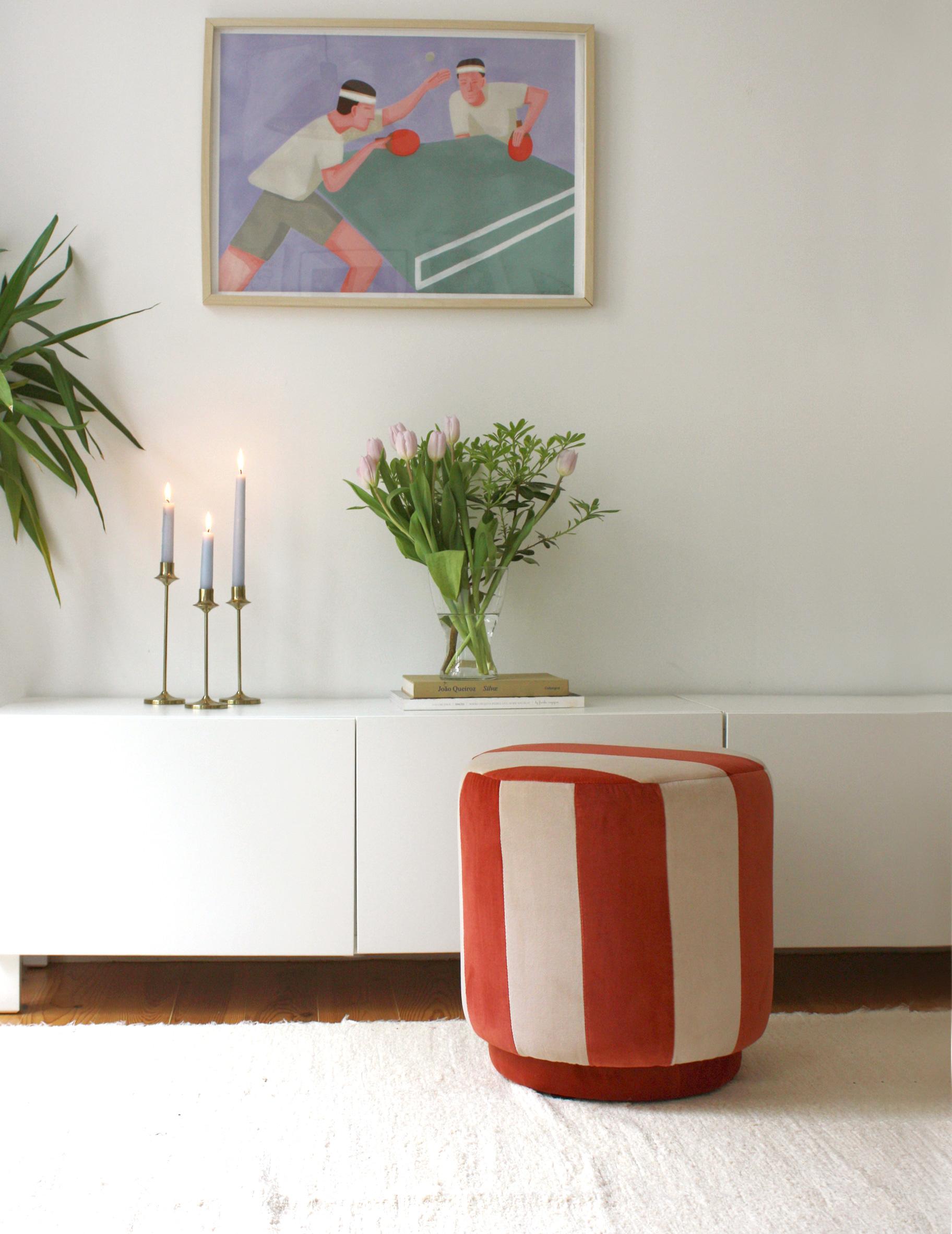 Portuguese GEMMA Striped Organic Modern Pouf Ottoman in Brick and Sand Velvet For Sale