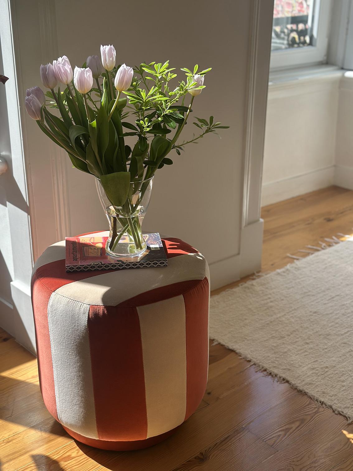 Contemporary GEMMA Striped Organic Modern Pouf Ottoman in Brick and Sand Velvet For Sale